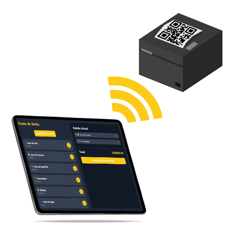 Ilustración de un celular enviando un ticket a una impresora térmica